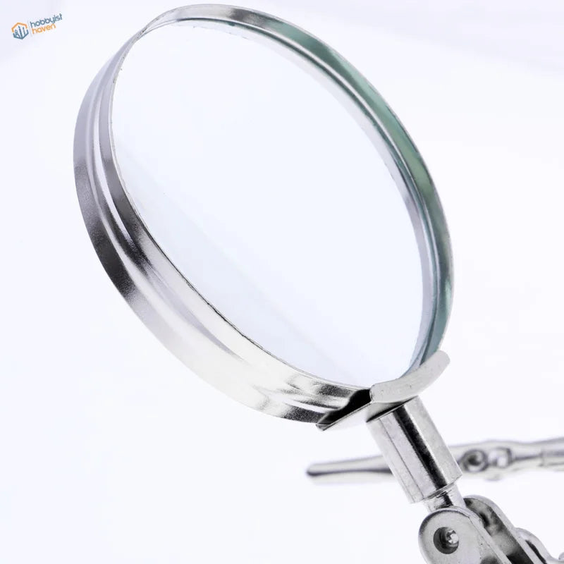 2.5x glass magnifying glass with silver frame and alligator clips for soldering