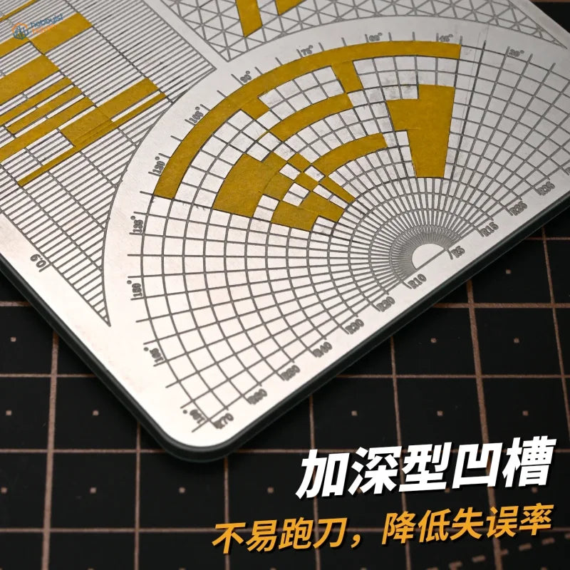 Silver protractor on 2-in-1 cutting mat and tape cutting stencil