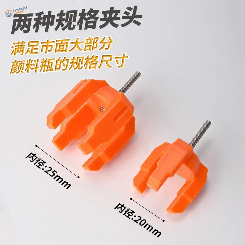 2-in-1 paint shaking adapter with 20mm and 25mm orange clamps