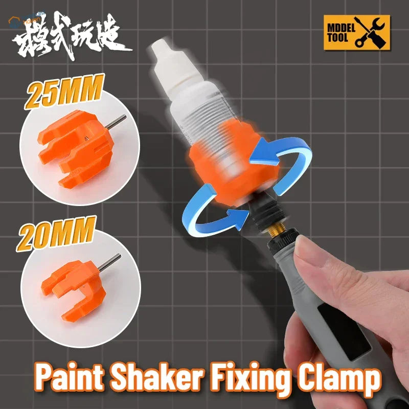 Orange plastic clamp with metal pin for 2-in-1 paint shaking adapter