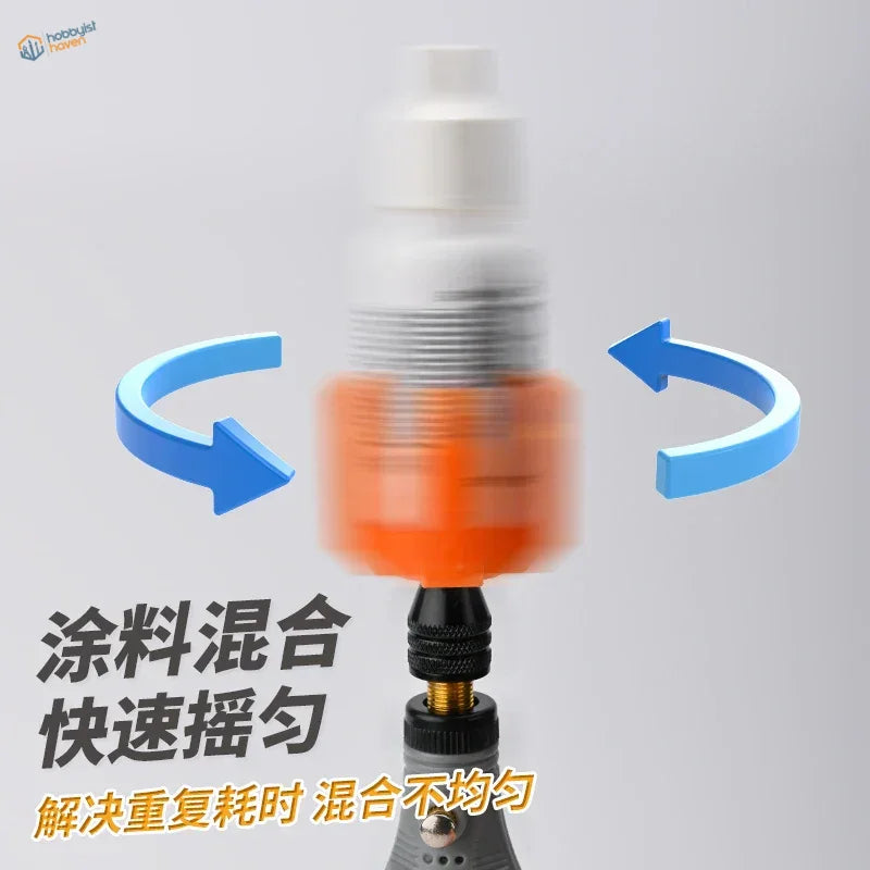 Orange and white paint shaking adapter for rotary tool