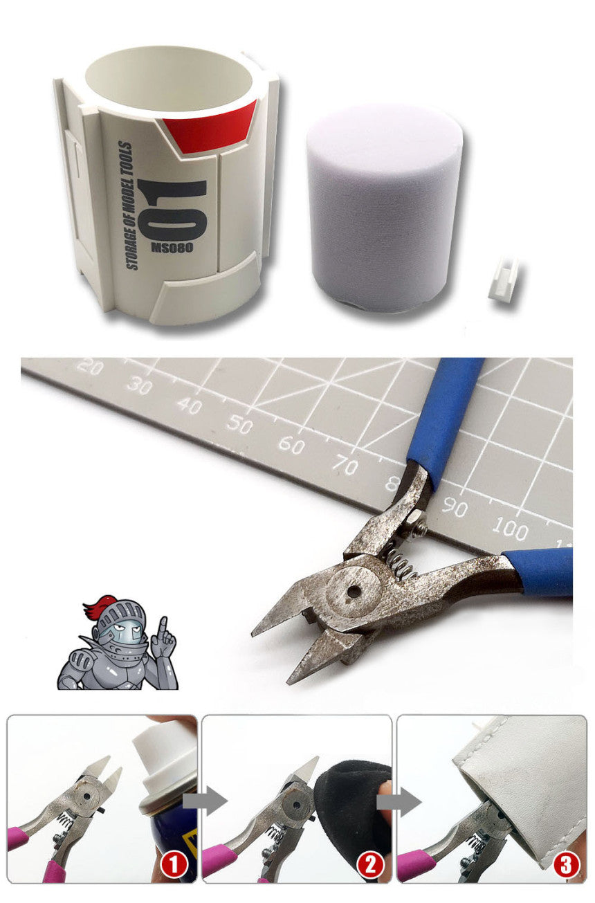 White anti-rust storage for precision hobby tools with red accent and black 01 marking