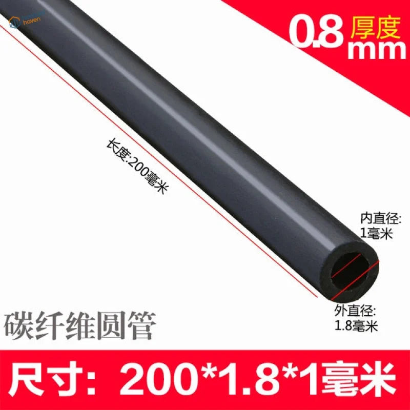 Black carbon fiber round tube, 200mm long with a 1.8mm outer diameter and 1mm inner diameter.