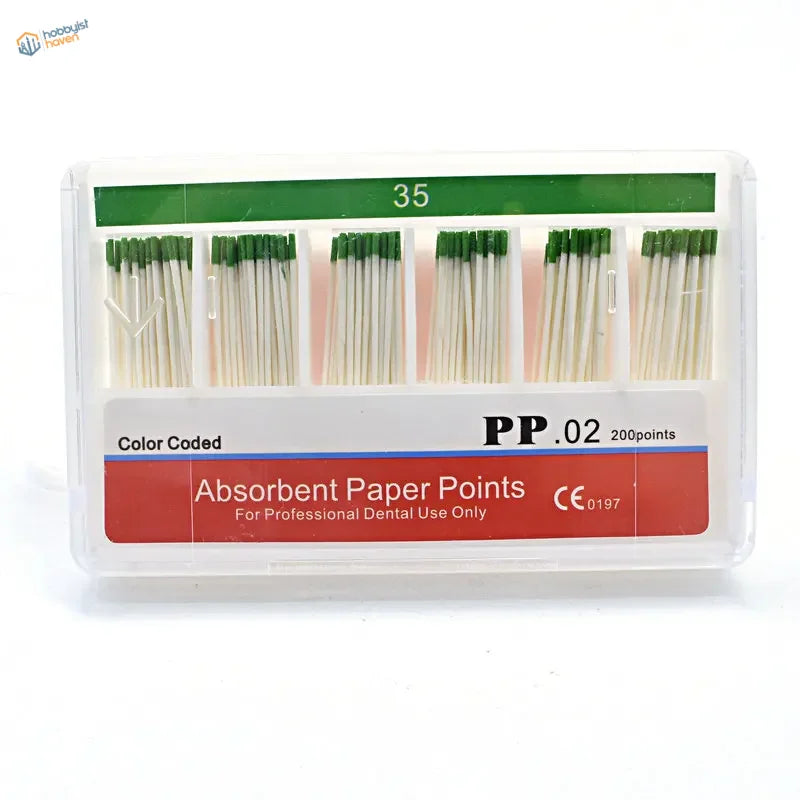 200pcs 0.02 taper absorbent paper points in clear container, green tips