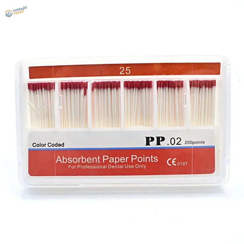 200pcs 0.02 taper absorbent paper points in clear container, 25 color-coded