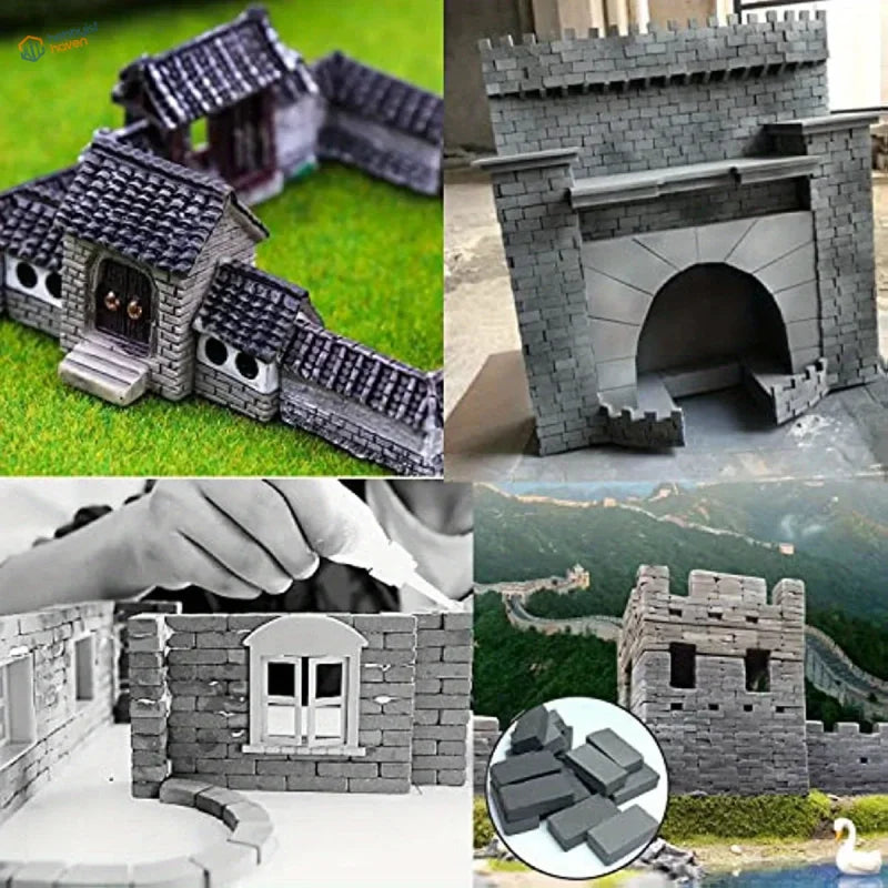 Gray plastic miniature bricks for diorama scenery featuring 200pcs model building tools for chinese-style buildings and great wall