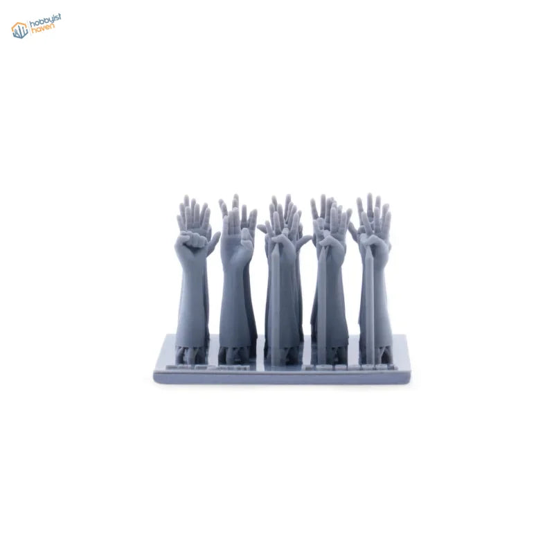 Gray 1/35 3D-printed raised hands figurine set on base for scale modeling tools