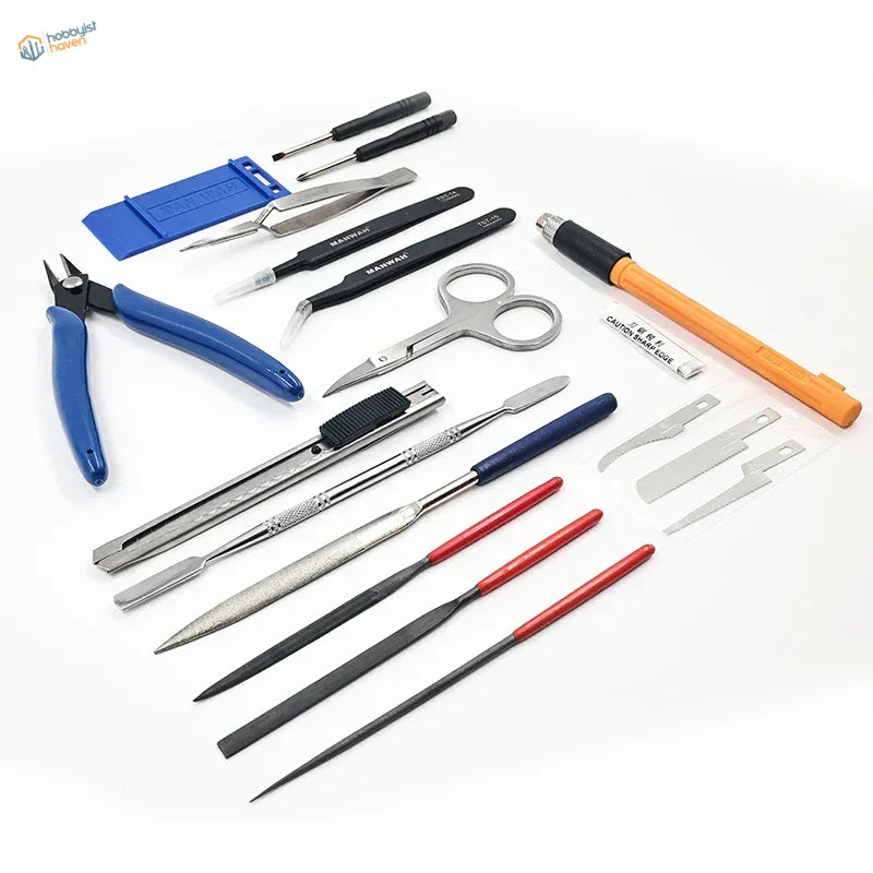 Blue-handled precision cutters in 20pcs scale modeling toolset