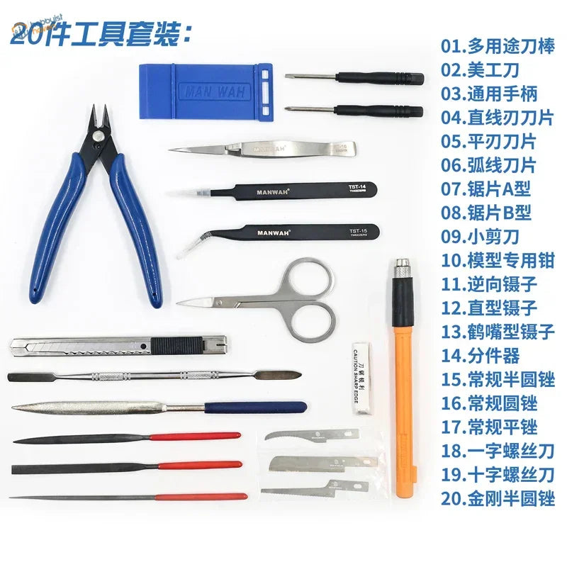 Blue-handled precision pliers in 20pcs Basic Modeler scale modeling toolset