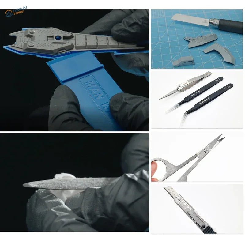 Gray plastic 20pcs basic modeler toolset with blue base held by black gloves