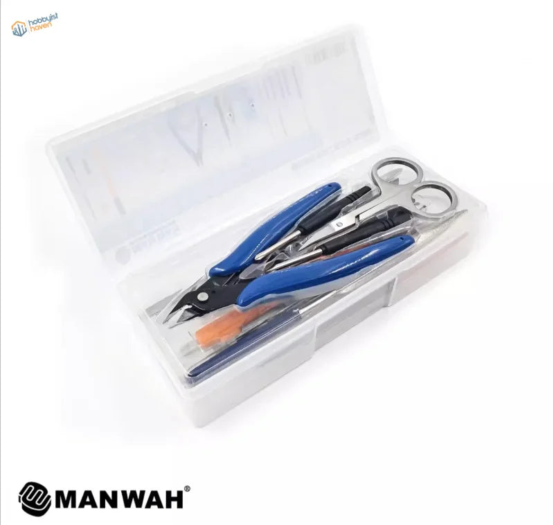 Blue-handled pliers and scissors in 20pcs scale modeling toolset case