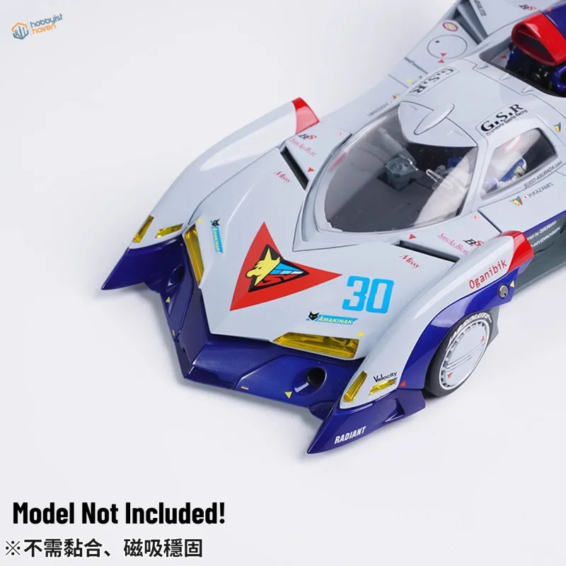 White and blue Madworks round magnets scale modeling race car with number 30