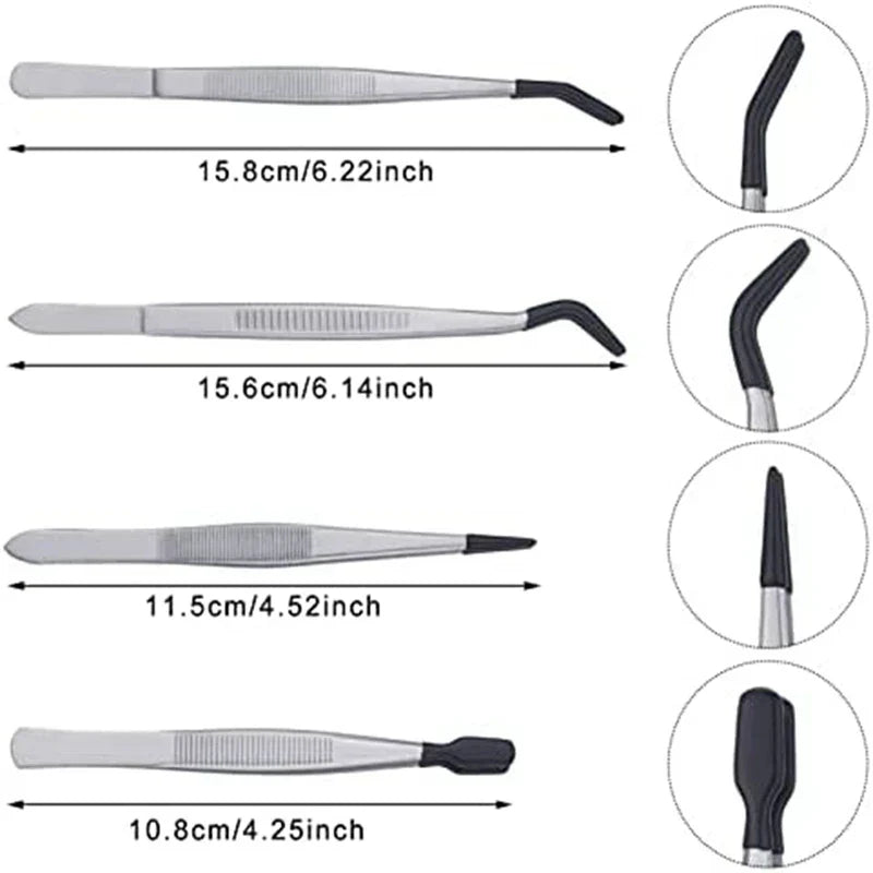 4 tweezers with rubber tips set, stainless steel with black rubber tips