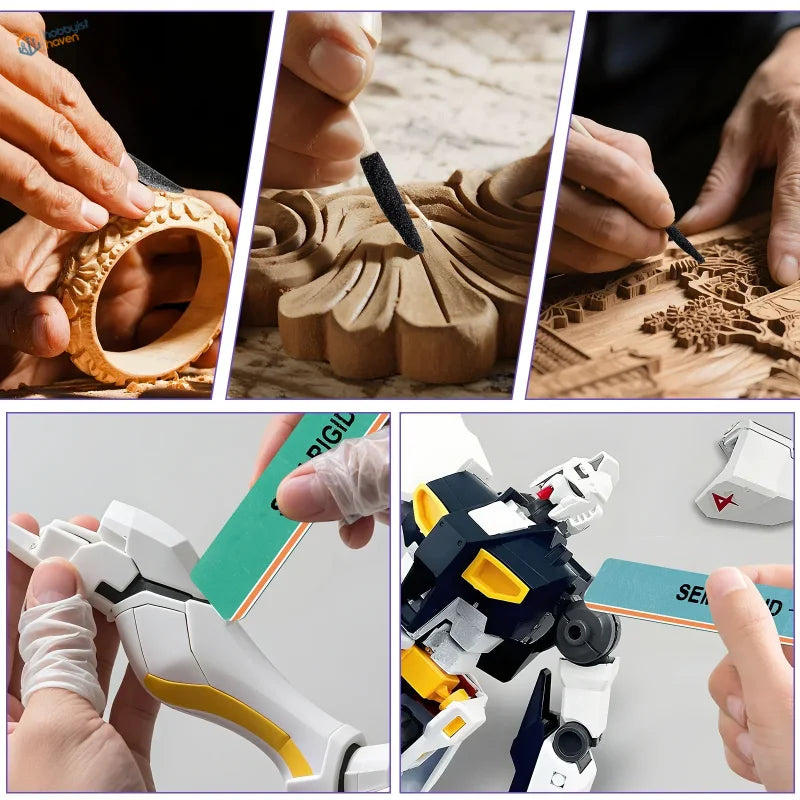 Detailed white yellow Gundam model sanded with 22pcs #400-1500 sanding sticks for tight spaces