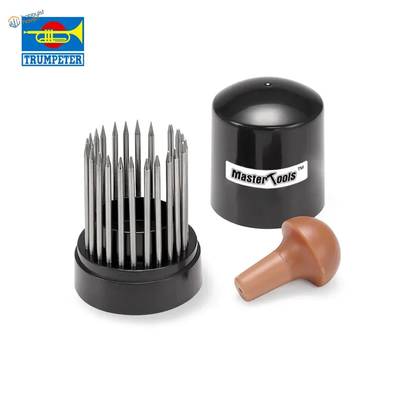 Mastertools rivet punch set in black cylindrical case with plastic parts