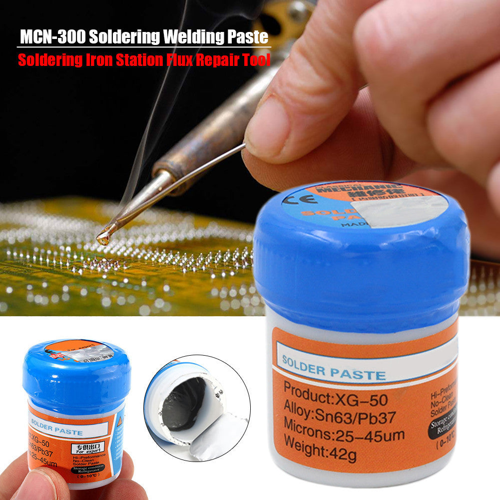 Sn63 Pb37 solder paste jar with blue orange MCN-300 label