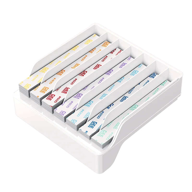 White plastic organizer holding colorful gee brand pens alongside gee hobby self-adhesive sandpaper grits x 20pcs bonus toy kit sanding sticks