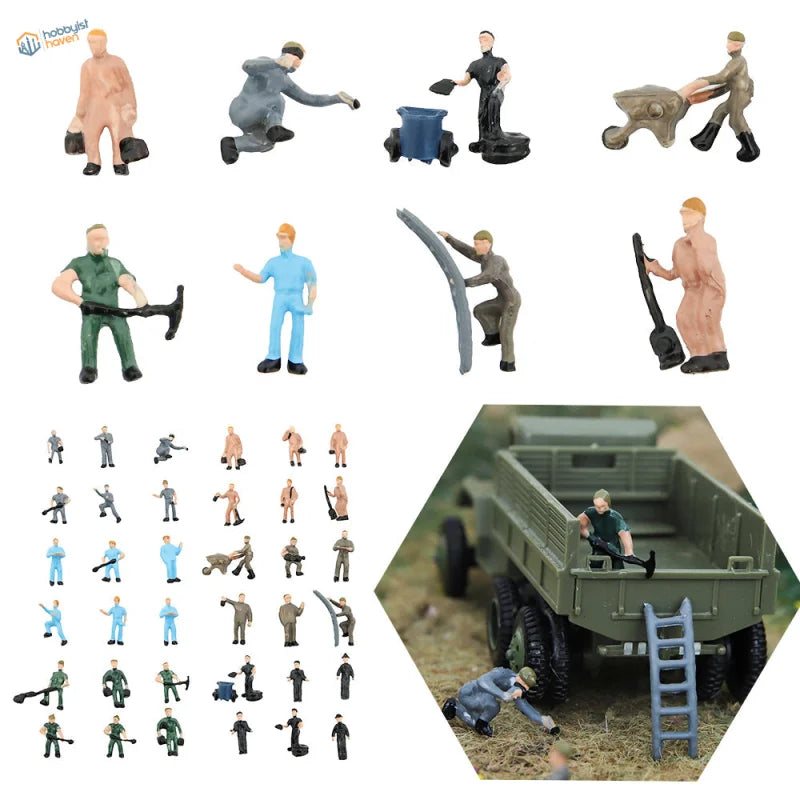Set of 40 miniature plastic figurines in various uniforms and poses, including construction workers, soldiers, and laborers.