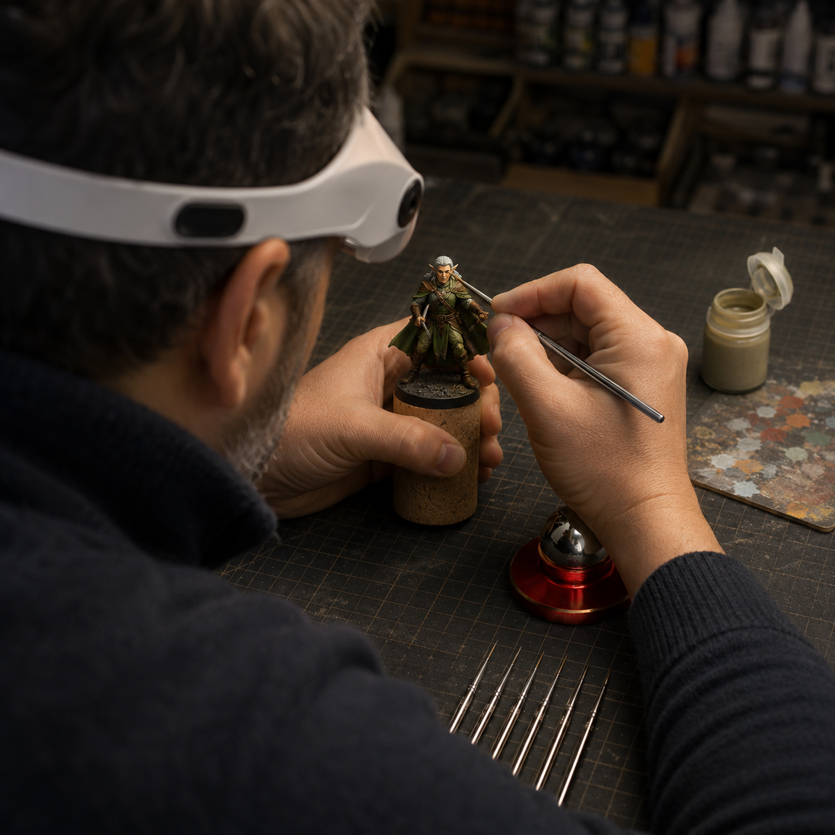 Miniature painting workbench with ultra-fine liner brushes and a precision hand stabilizer