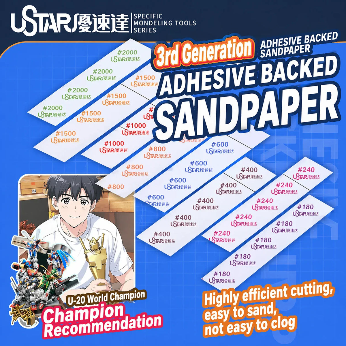 UStar self-adhesive sandpaper sheets in various grits engineered for modeling with a durable adhesive backing