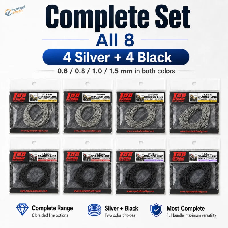Eight silver and black packaged 2m braided line in various thicknesses for scale modeling and scale modeling tools use