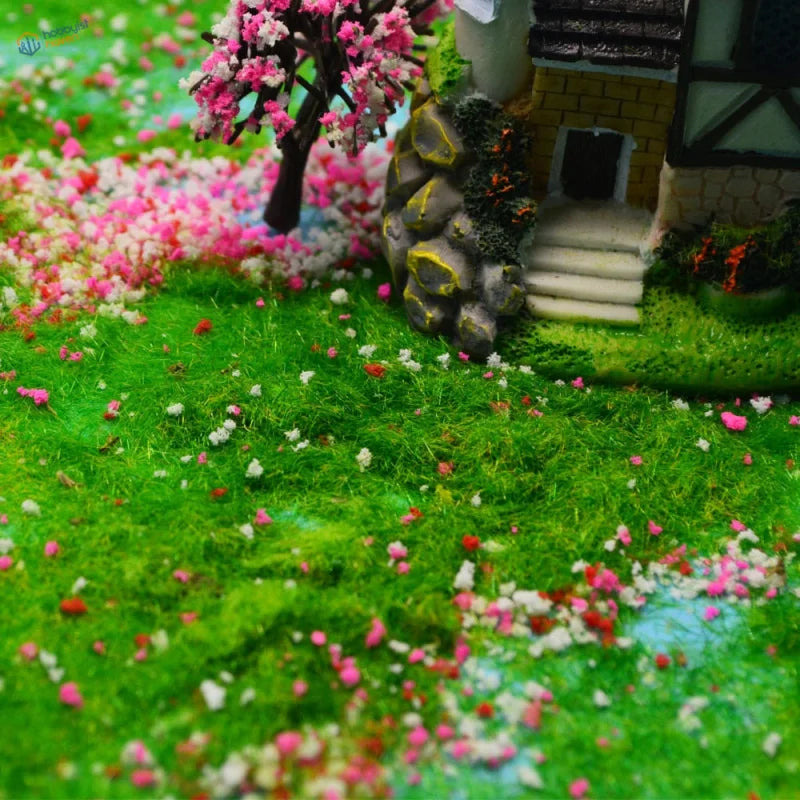 Miniature fairy tale house with 2mm static grass powder and blossoms