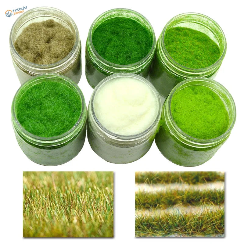 Six 2mm static grass powder jars in green beige shades for model railroading