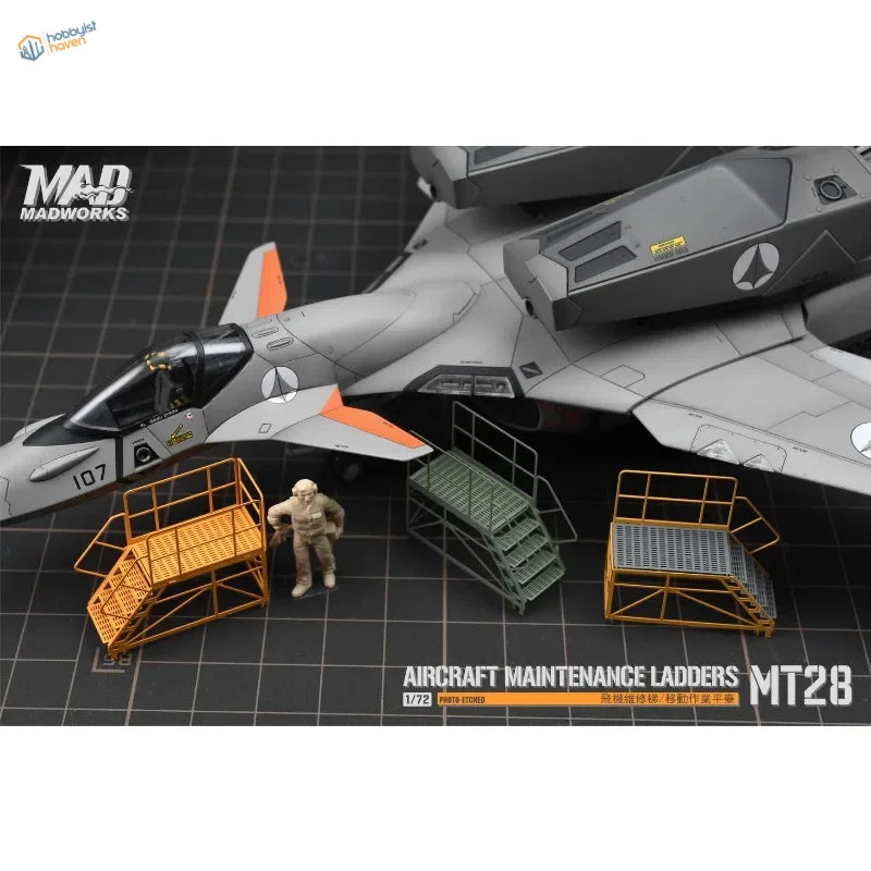 Gray and orange 1/72 aircraft maintenance ladders with long platforms