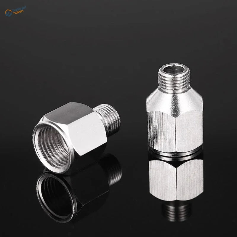 Silver hexagonal airbrush hose adapter 1/8 to 1/4 inch threaded ends