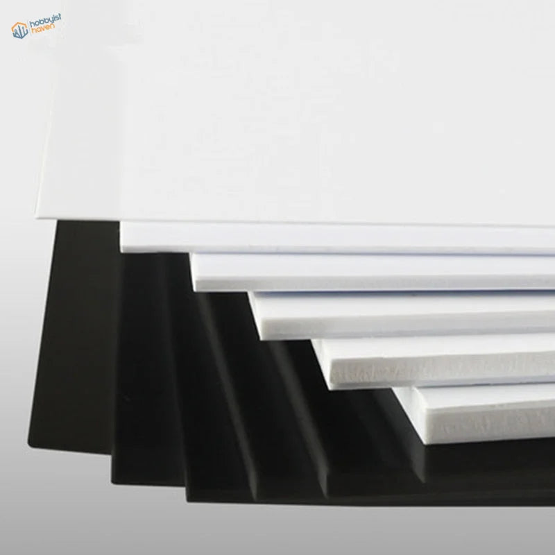 Stack of white and black styrene sheets for scale models, 100x200mm 0.5-4mm