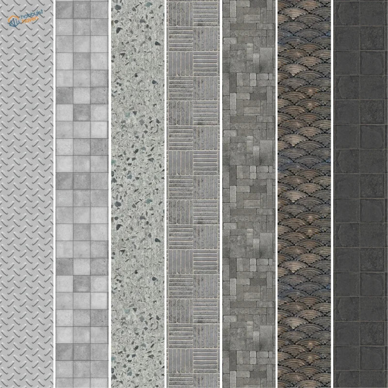 Gray textured concrete floor simulating stickers with speckled aggregate