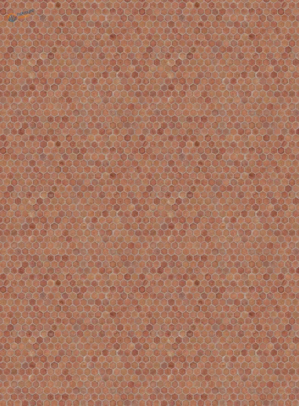 Copper-toned hexagonal mosaic floor simulating stickers pattern