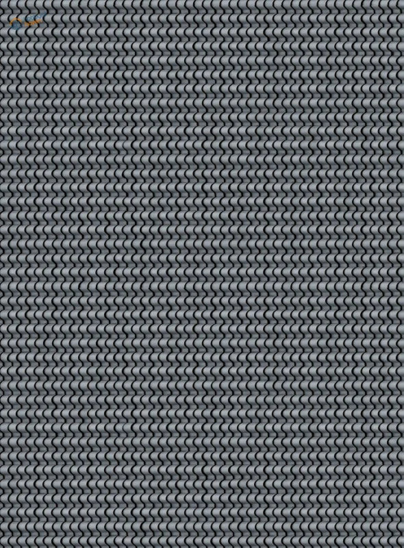 Gray metallic chain with a tightly woven, interlocking link pattern.