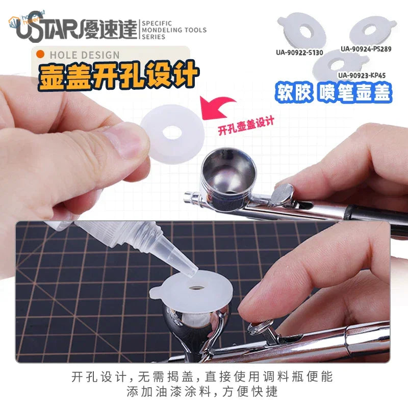 2pcs soft rubber airbrush lid with center hole for easy paint addition