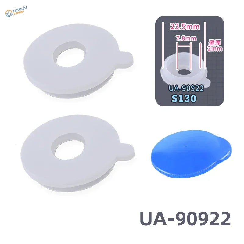 White and blue soft rubber airbrush lid gaskets with tabs
