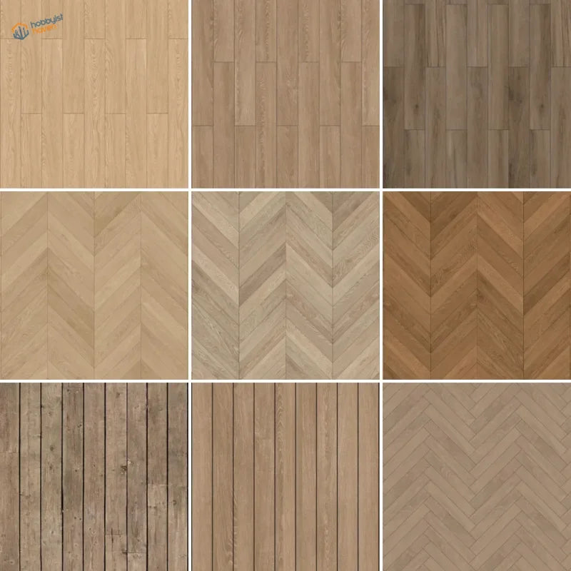 2pcs wooden floor sticker sheets with natural plank, herringbone patterns