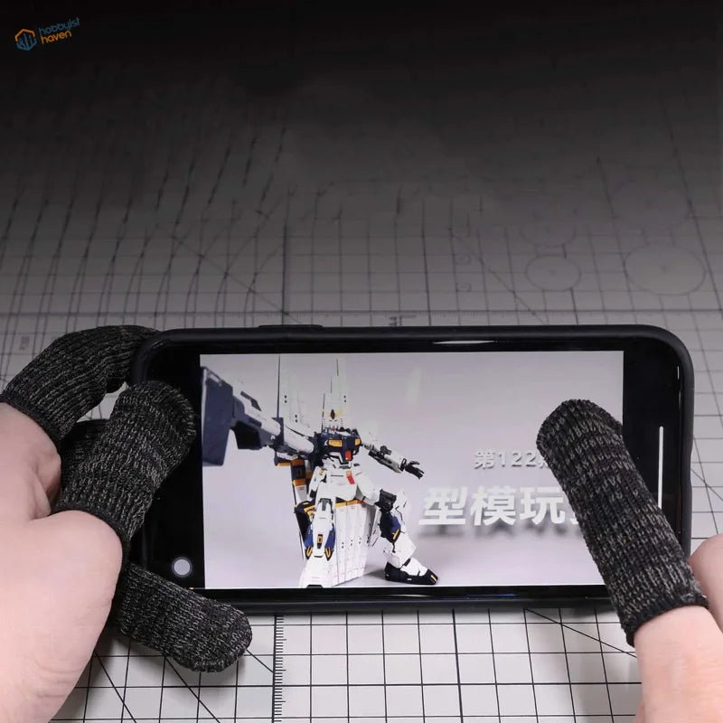 White and blue Gundam model on smartphone in cut-resistant neoprene sheaths display