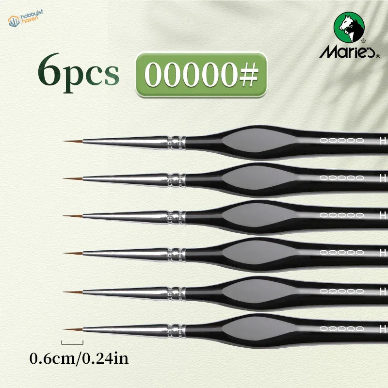 Set of 6 black-handled 5/0 extra fine brushes with green label