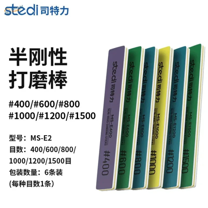 Set of six colorful Stedi semi-rigid sanding sticks in varying grits