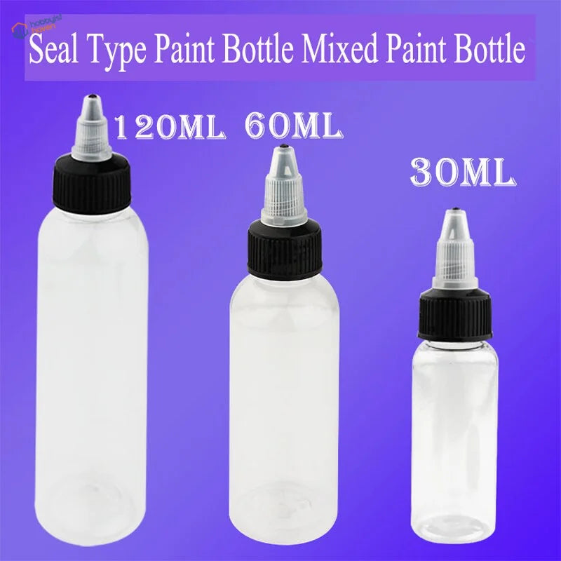 30/60/120ml paint mixing bottles with steel mixing ball, clear dropper caps