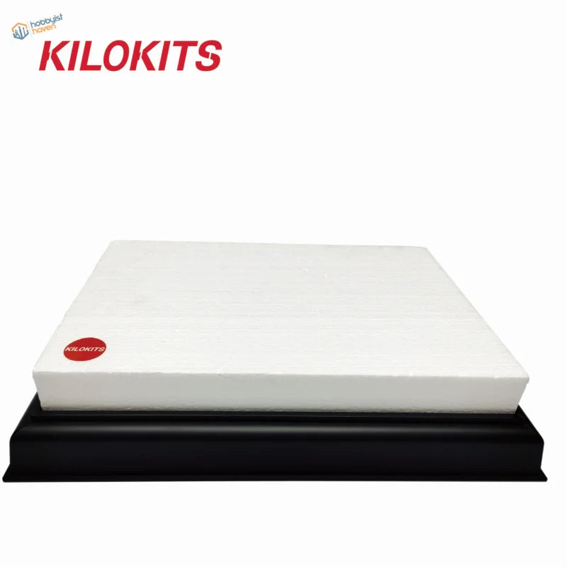 30 x 30 cm diorama base: white eps hard foam board with red Kilokits logo on black base