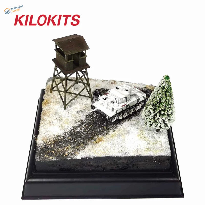 White and black tiger tank on 30x30 cm eps hard foam diorama base with snowy watchtower and pine tree