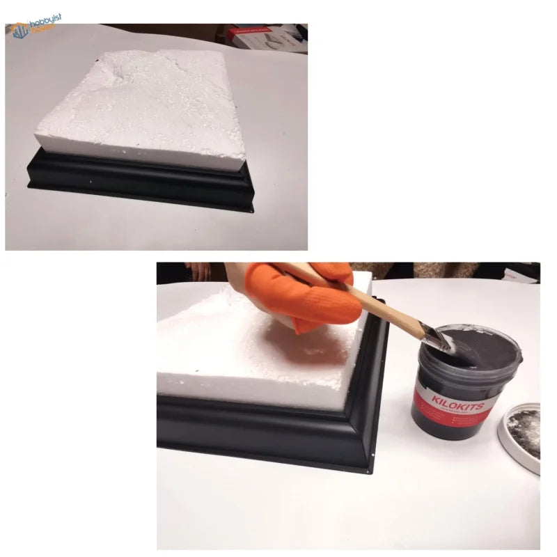 White EPS hard foam diorama base painted gray with Kilokits paint