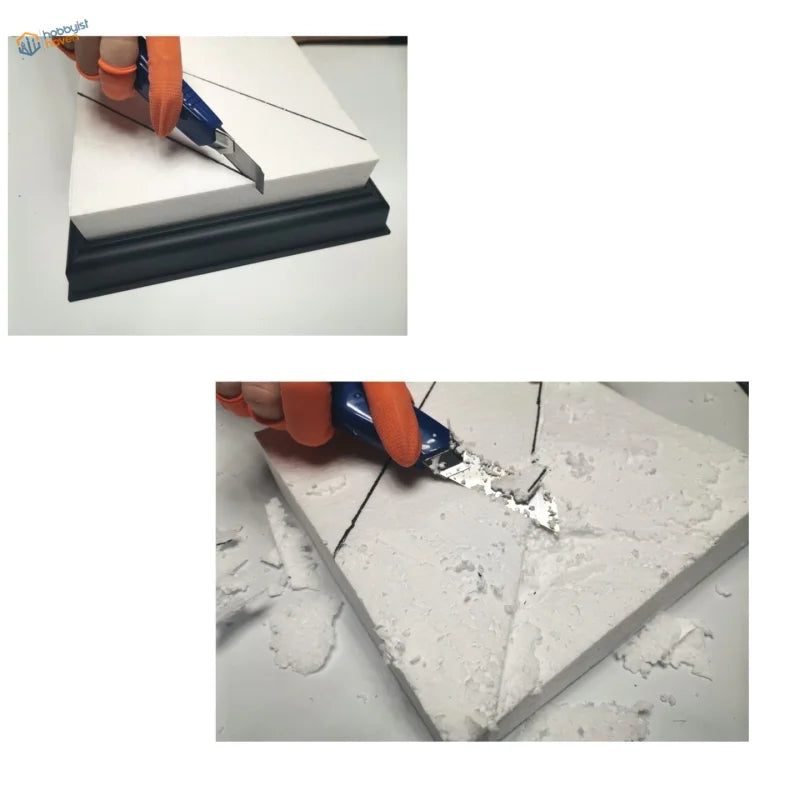 Cutting white EPS hard foam diorama base with blue utility knife