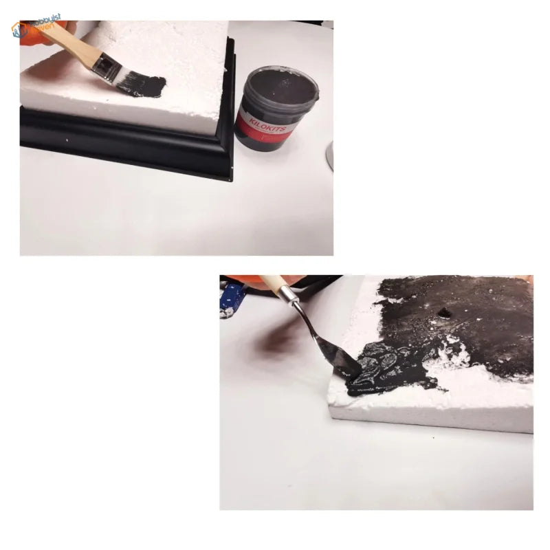 Black paint applied with brush and palette knife on 30 x 30 cm diorama base eps hard foam