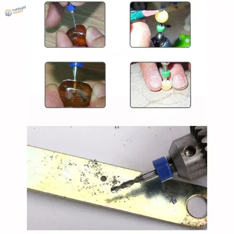 Blue-tipped micro drill bits set drilling amber and yellow metal plate