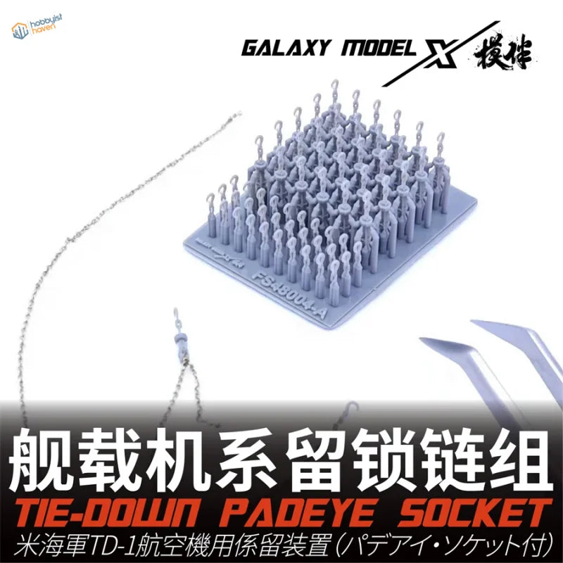 Gray plastic 1/48 US Navy TD-1 tie-down pad eye with chain and scale modeling tools