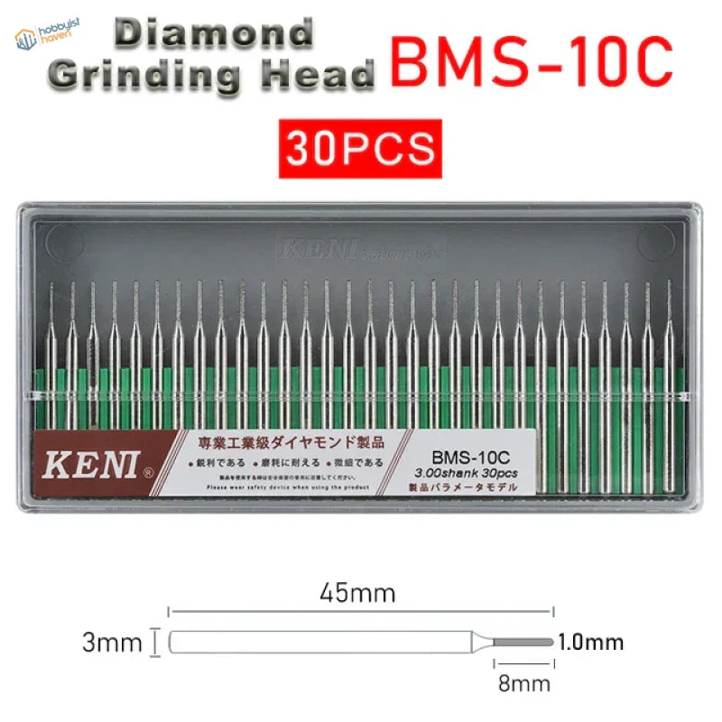 30Pcs 3mm shank Keni BMS-10C diamond grinding heads with green tips