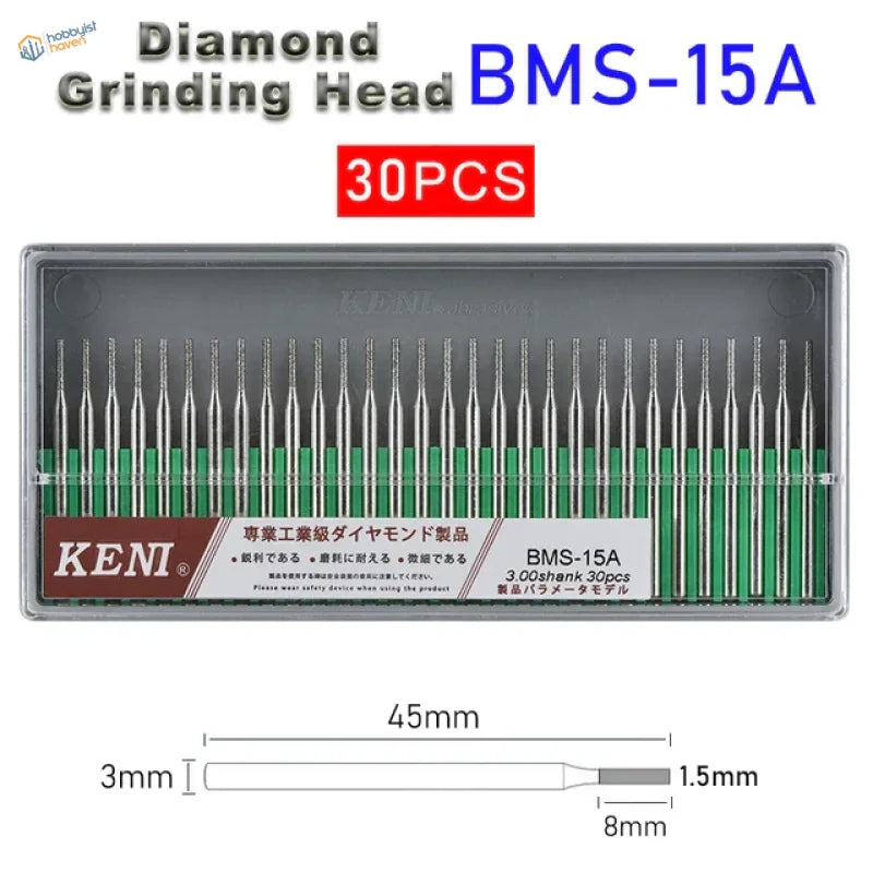 30Pcs 3mm shank Keni BMS-15A diamond grinding heads with green ceramic tips