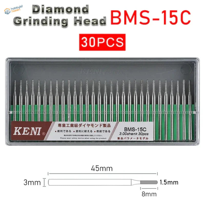 30Pcs 3mm shank Keni BMS-15C diamond grinding heads with green ceramic tips